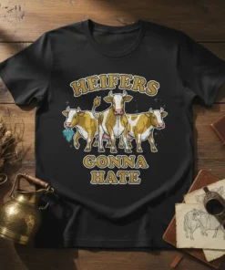 Heifers Gonna Hate funny cow quote t-shirt with three cartoon cows illustration
