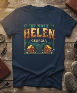 Helen Georgia t-shirt design with vintage alpine village graphic and bold text