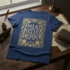 Blue t-shirt with gold ornate lettering spelling "HELEN KELLER DENIER" and floral accents