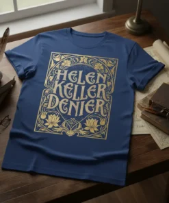 Blue t-shirt with gold ornate lettering spelling "HELEN KELLER DENIER" and floral accents
