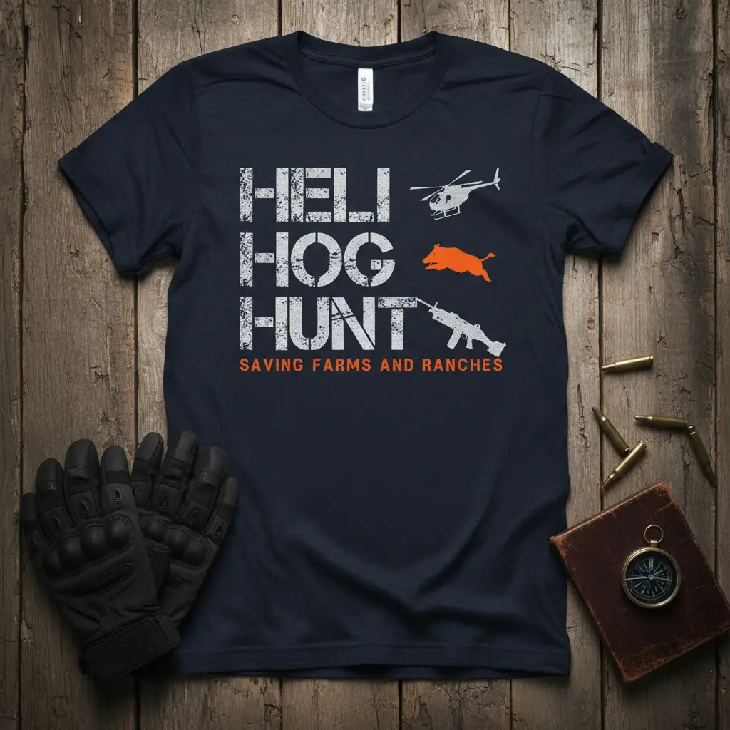 HELI HOG HUNT SAVING quote printed with unique artwork on durable material t-shirt design