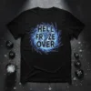 HELL FROZE OVER text design with swirling ice and frost graphics on a black t-shirt
