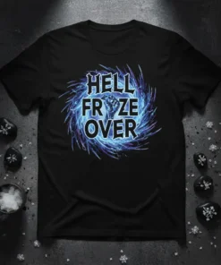 HELL FROZE OVER text design with swirling ice and frost graphics on a black t-shirt