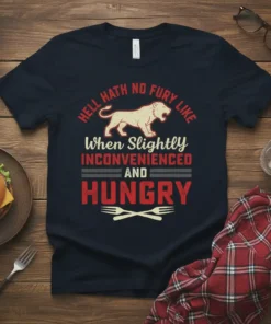 Hell Hath No Fury Like When Slightly Inconvenienced and Hungry quote on a navy t-shirt with a roaring lion graphic