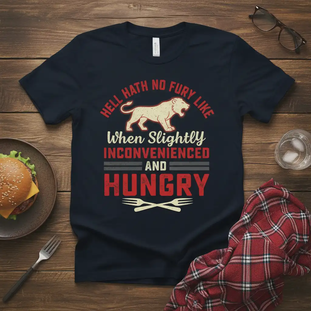 Hell Hath No Fury Like When Slightly Inconvenienced and Hungry quote with lion graphic and forks on a t-shirt