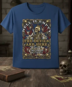 The Tempest quote "HELL IS EMPTY and all THE DEVILS ARE HERE" on a dark, ornate t-shirt design featuring a
