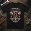 Hell & Steel Custom Motorcycles T-Shirt design with skull, pistons, and racing helmet