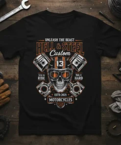 Hell & Steel Custom Motorcycles T-Shirt design with skull, pistons, and racing helmet