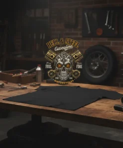 Hell & Steel Gasoline Fuel Fire Motorcycles T-Shirt design with skull, pistons, and ESTD 1994 text