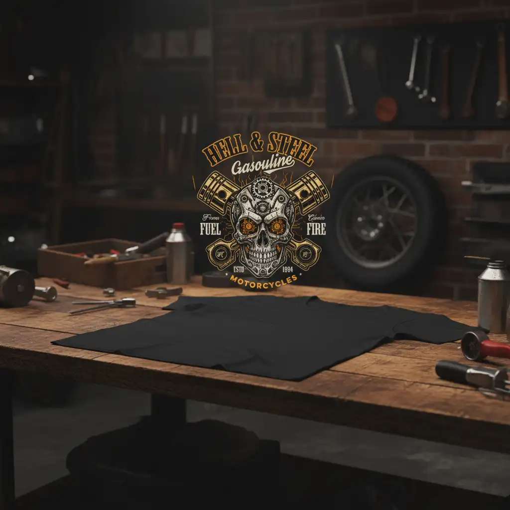 Hell & Steel Gasoline Fuel Fire Motorcycles T-Shirt design featuring a skull and crossed pistons graphic
