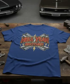 Hell Yeah Brother t-shirt design with vintage muscle car exhaust pipes and lightning bolts