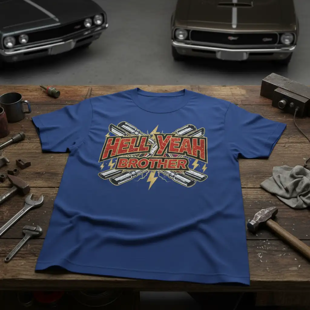 Hell Yeah Brother slogan with vintage car exhaust pipes and lightning graphics on a blue tee