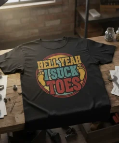 Retro style t-shirt with "Hell Yeah I Suck Toes" text and footprint graphics