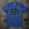 hello 2025 Happy New Year text with gold fireworks graphic on a blue t-shirt