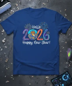 Hello 2026 Happy New Year! detailed graphic design printed on comfortable cotton t-shirt
