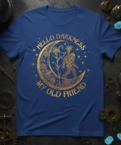 Hello Darkness My Old Friend Bigfoot moon t-shirt with intricate gold mandala design