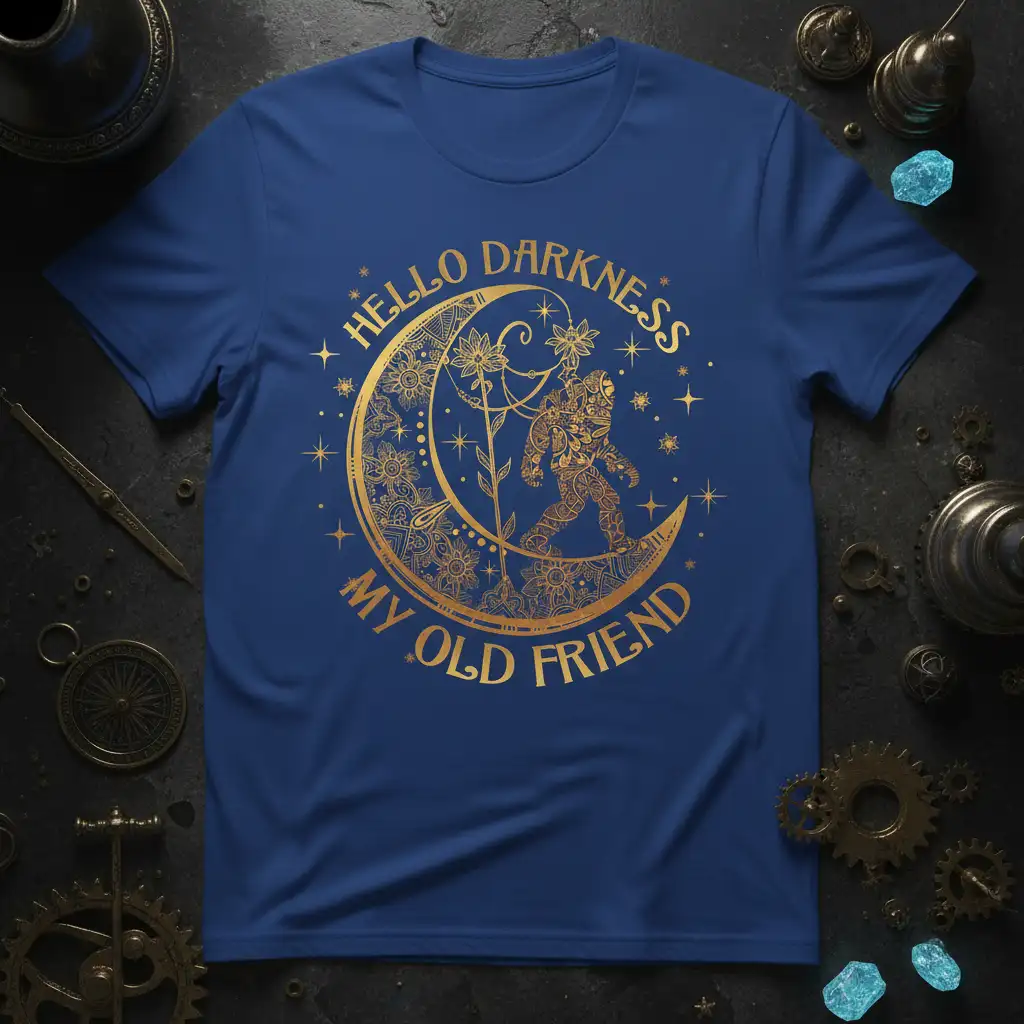 Hello Darkness My Old Friend quote with Bigfoot on a celestial moon graphic tee