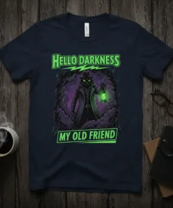 Hello Darkness My Old Friend text with a mysterious black cat wearing a trench coat and holding a lantern