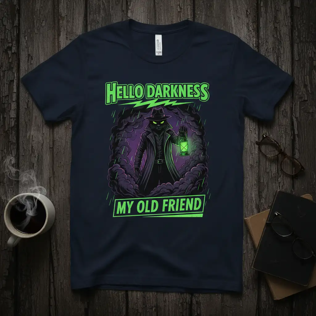Hello Darkness My Old Friend quote with a trench coat-wearing cat holding a lantern in a smoky atmosphere
