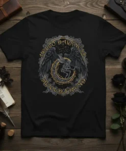 Hello Darkness My Old Friend t-shirt with gothic fairy skeleton on moon, celestial art, dark aesthetic design