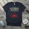 Navy blue t-shirt with "Hello Darkness My Old Friend I Stod Up Too Fast Again #pots" text and a red