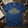 Hello ELEVEN est. 2014 birthday t-shirt design in gold distressed font with white hearts