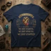 Steampunk mechanical heart design with "Hello Essentials We Just Started" quote on a navy blue t-shirt