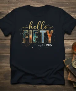 Hello FIFTY est. 1975 text design with gold glitter and colorful geometric patterns on a black t-shirt, celebrating a 50th