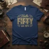 Hello FIFTY est. 1974 t-shirt with vintage gear graphic in gold on navy blue fabric