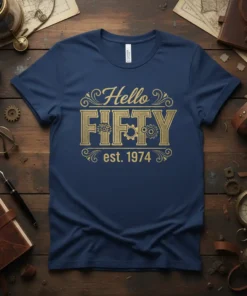 Hello FIFTY est. 1974 t-shirt with vintage gear graphic in gold on navy blue fabric