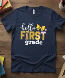 Navy t-shirt with "hello FIRST grade" text, featuring a yellow bow, pencil graphic, and colorful stripes