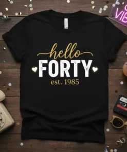 Black t-shirt with "hello FORTY est. 1985" design in gold and white font, featuring small heart accents