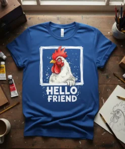 Hello Friend T-Shirt with a watercolor-style rooster graphic inside a white square frame, featuring bold white text below