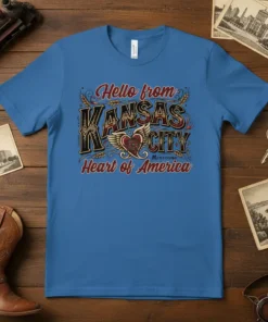 Hello from Kansas City Heart of America Missouri text with winged heart graphic on blue t-shirt
