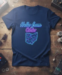 Navy blue t-shirt with "Hello from Ohio" in neon-style text and an Ohio map filled with circuit board patterns