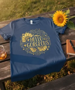Hello Gorgeous text with sunflowers and hearts design on a dark blue t-shirt
