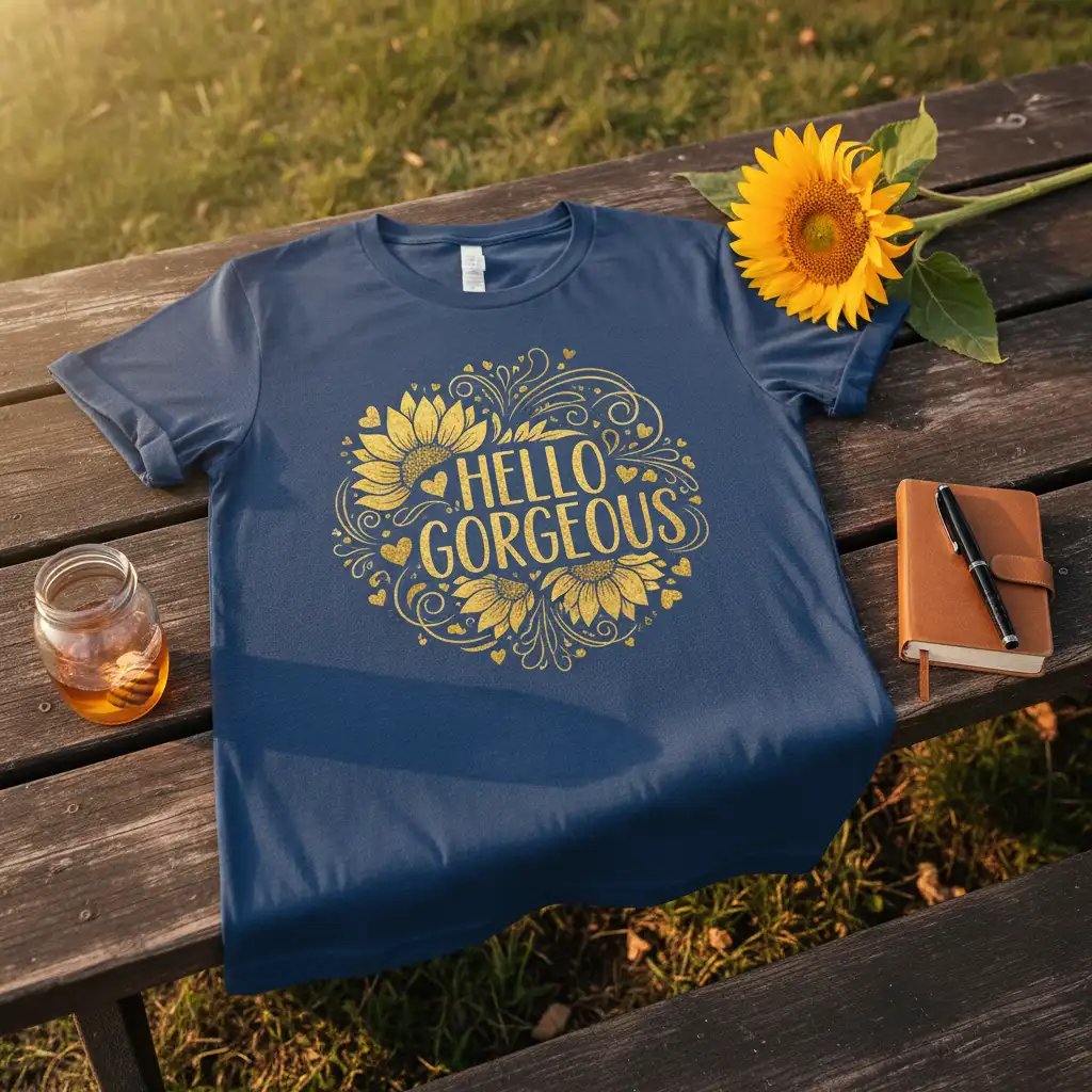 Hello Gorgeous inspirational quote with golden sunflowers and hearts on a navy blue t-shirt
