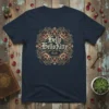 Hello HelloKitty Sanrio gothic ornate design on a navy blue t-shirt, featuring intricate gold and red patterns