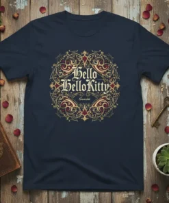 Hello HelloKitty Sanrio gothic ornate design on a navy blue t-shirt, featuring intricate gold and red patterns