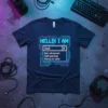 Tech humor t-shirt with "HELLO! I AM Soph, Not advanced, Still learning, Doing my best" text in a digital interface