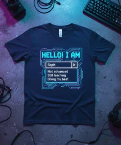 Tech humor t-shirt with "HELLO! I AM Soph, Not advanced, Still learning, Doing my best" text in a digital interface