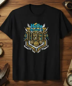 Hello my name is JEFF text design on a black t-shirt with metallic gold and blue accents and gear graphics