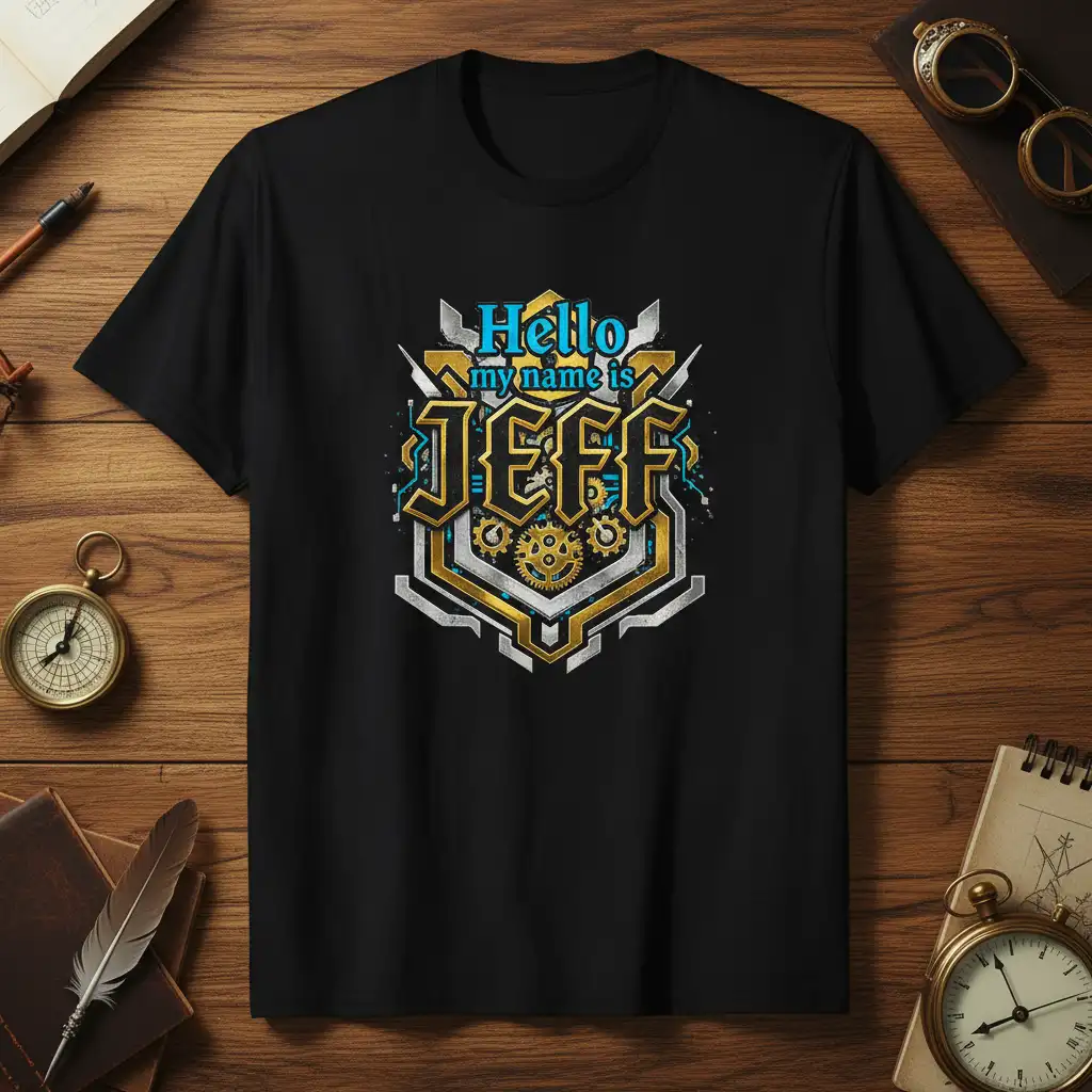 Hello my name is JEFF personalized name text with steampunk gear graphics on a black t-shirt