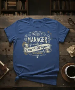 Manager Don't Tell Karen T-Shirt with "HELLO My Name Is MANAGER YOU SAW ME" text in vintage style font