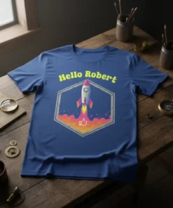 Blue t-shirt with "Hello Robert" text and a colorful rocket ship launching within a hexagon frame