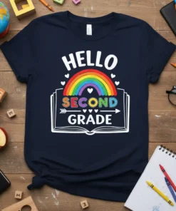 Hello Second Grade text with rainbow and open book graphic on a navy t-shirt