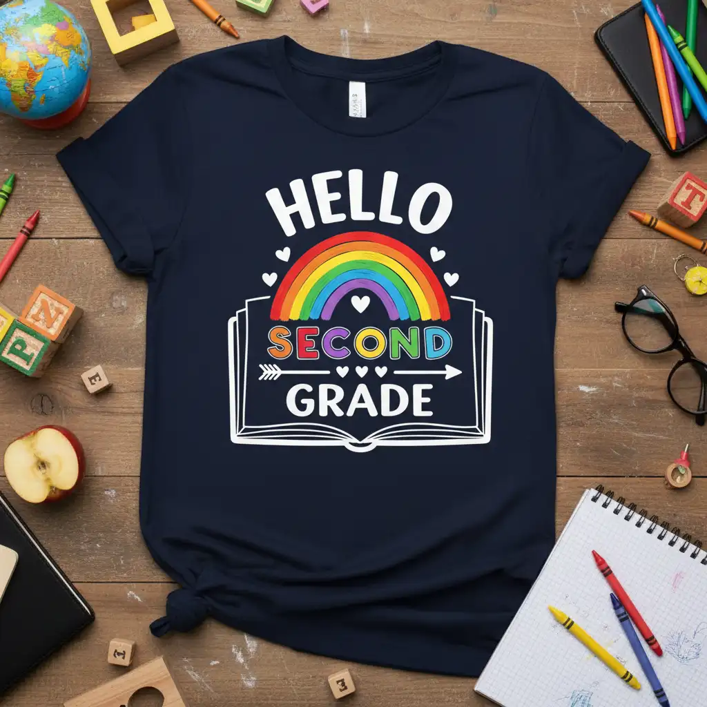 Hello Second Grade text with rainbow and open book graphic on a navy t-shirt design