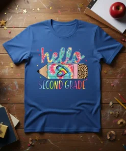 Hello Second Grade text with a tie-dye pencil graphic featuring a heart, on a blue t-shirt