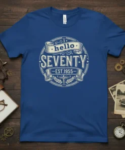 Blue t-shirt with "hello SEVENTY EST. 1955" vintage design in cream text and graphics