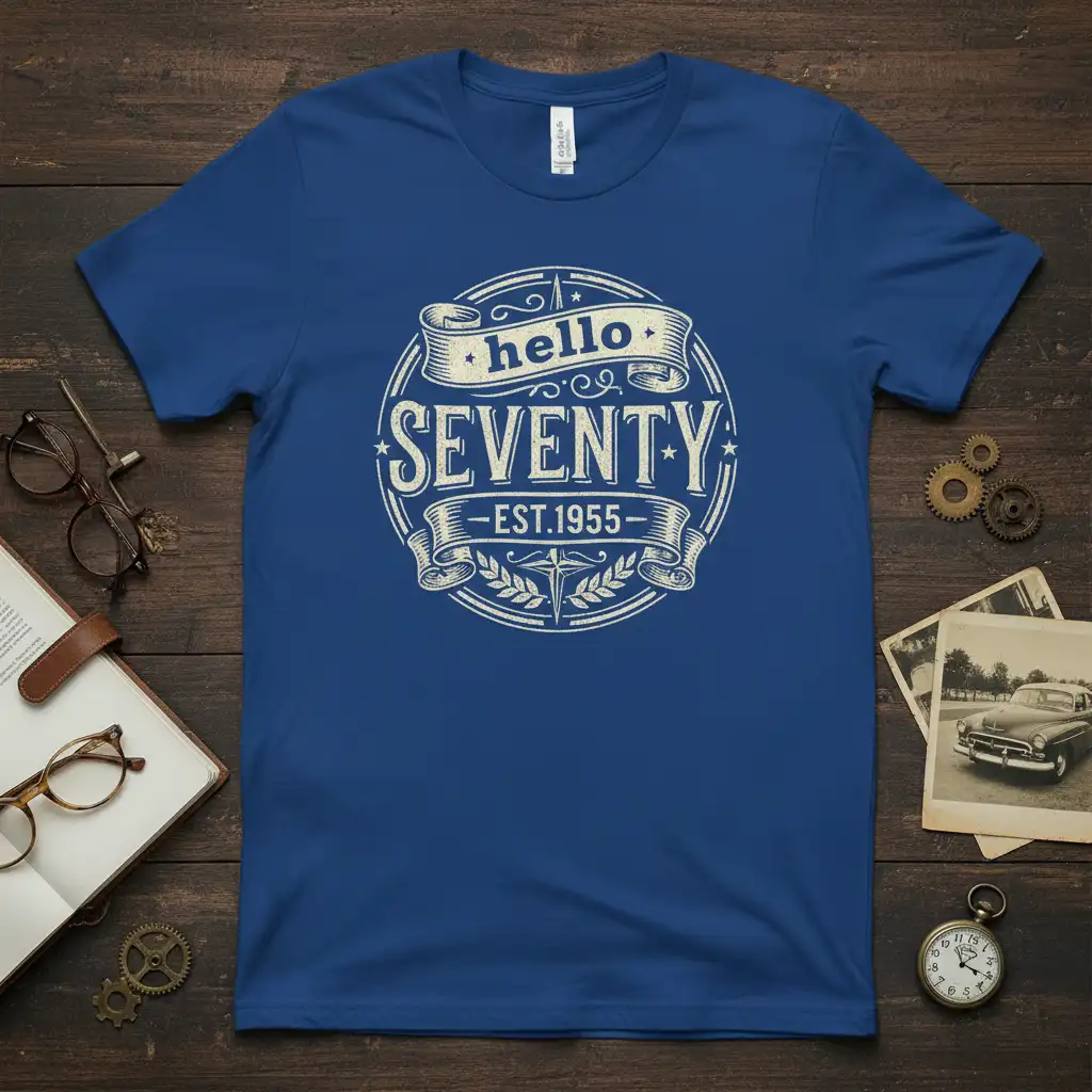 Hello SEVENTY EST. 1955 vintage circular design on a blue t-shirt, celebrating a 70th birthday